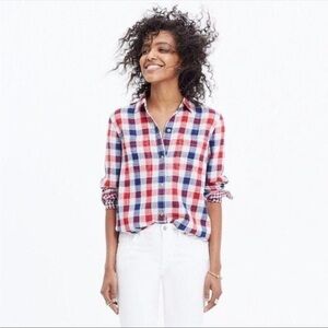 Madewell Ex-Boyfriend Red, White,Blue Emmett Long Sleeve Button Up Shirt NEW